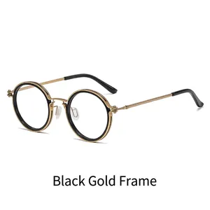 Vintage round optical glasses frame in black and gold metal for men and women