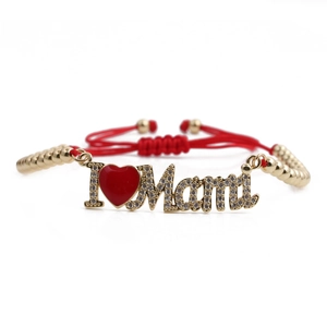 Bracelet ajustable en corde rouge avec perles dorées et breloque cœur MAMA en zircon