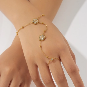 Elegant gold flower ring bracelet combo with sparkling zircon crystals for women
