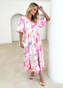 Detail of floral puff sleeve midi dress with deep V-neck and high-waisted design