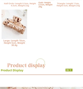 Detailed size guide for large leopard print hair claws in four different shapes and weights
