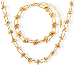 Hip Hop Punk Knotted Chain Titanium Steel Jewelry Set For Women 18K Gold Plated Necklace Bracelet Streetwear Trendy Jewelry