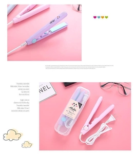 Mini hair straightener detail showing multiple color options in portable storage boxes
