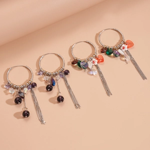 Ethnic style geometric circle hoop earrings with colorful crystal heart tassels