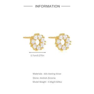 Detail view of 925 sterling silver studs with heart-cut zircon and size measurements