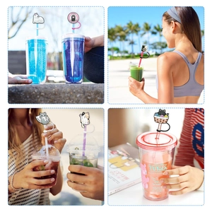 Cute 10mm cat silicone straw covers with various cartoon kitty designs for dust protection