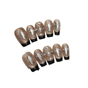 Handmade press-on nails with champagne gold cat-eye glitter and black French tips