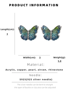 Detailed size and material specs for gradient acrylic butterfly earrings with S925 needles