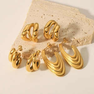 Three pairs of vintage 18K gold plated stainless steel chunky hoop earrings for women