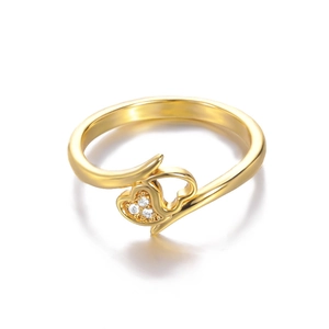 Close-up of golden double heart ring featuring three sparkling white zircon stones