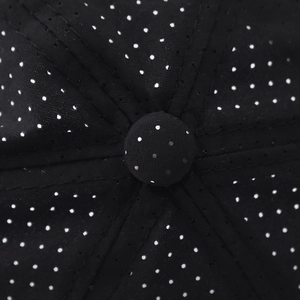 Detail des atmungsaktiven Netzgewebes auf schwarzem Schnelltrockner-Sonnenhut mit Punkten