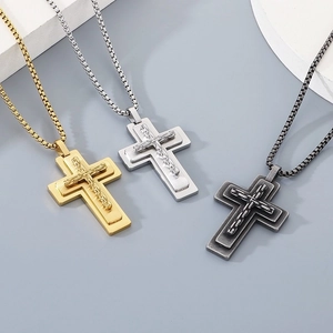 Triple set of layered stainless steel cross necklaces in gold, silver, and black finishes