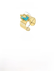 Detail view of gold stainless steel ring with rectangle blue stone and 10mm width size
