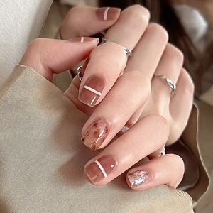 Press On Nails Red Tea Brown Marble Smudge White Lines Gold Foil Glossy Short Square Round Fake Nails For Women