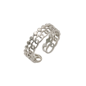 Detail of silver hollowed layered chain ring with adjustable open band and dot decor