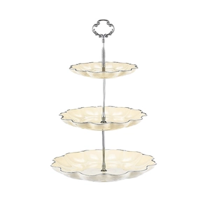 Elegant 3-tier beige ceramic cake stand with scalloped edges and silver metal handle