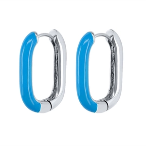 Detailed close-up of U-shaped silver earrings with blue enamel and snap-on closure