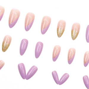 Lavender purple French glitter gradient almond press-on nails set for women