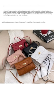 Detailed view of fashionable quilted small square bags in five colors with golden locks
