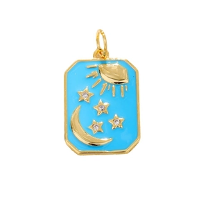 Gold-plated moon and sun celestial rectangular pendant with sky blue enamel and crystals