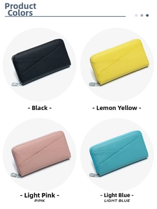 Detailed grid view of leather zip wallets in black, yellow, pink, and light blue colors
