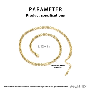 Detail of 450mm gold stainless steel rollo chain necklace with 4mm links and lobster clasp
