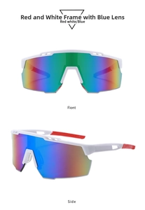 Front and side views of white cycling sunglasses with color-changing iridescent lenses