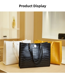 Detailed display of crocodile pattern texture on tote bags in black, white and yellow