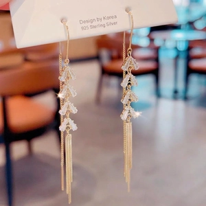 Golden wheat-leaf tassel earrings with 925 silver needle and shimmering zircon stones