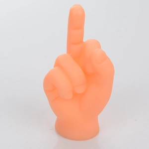 Detailed close-up of an orange plastic finger glove cat toy showing pointing gesture detail