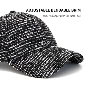 Chic black and white tweed baseball cap with foldable wide brim for winter warmth