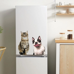 Cute tabby cat and terrier dog PVC wall stickers applied to a white refrigerator