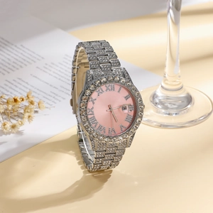 Luxury silver ladies watch with full rhinestones, pink dial and date calendar display