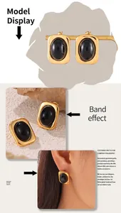Detailed view of vintage gold plated square earrings with black glass gemstone inlay