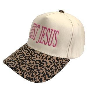 Leopard print brim baseball cap with Just Jesus pink embroidery on off-white canvas