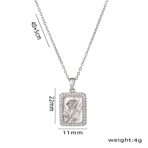 Silver steel necklace with mother of pearl rose pendant and dimensions detail