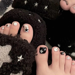 Black Silver Glitter Star Pattern Press On Toenails Square Flat False Toenails For Women Cool Ins Style Glamorous