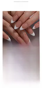 Detail view of 30pcs matte white French tip press-on nails in almond shape set