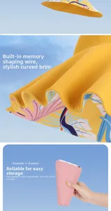 Detail of yellow floral sun hat with adjustable memory wire brim and foldable design