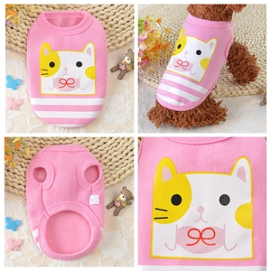 Gilet rosa in cotone per cuccioli con stampa gatto cartone e bordo a righe