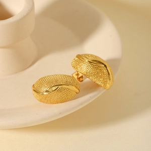 French Vintage 18K Gold Plated Stainless Steel Stud Earrings With Granular Dotted Texture Geometric Arc Shape For Women