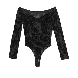 Close-up of floral flocked mesh on this off-shoulder long sleeve black bodysuit