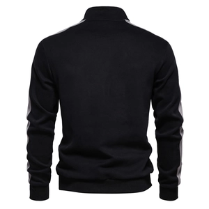 Detail view of the back of a black stand-collar sweatshirt with grey side stripes