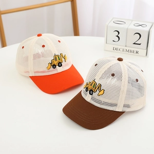 Close-up detail of breathable kids mesh baseball caps with excavator embroidery