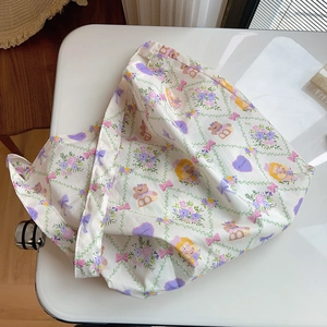 Floral Bear Print Cotton Tote Bag Large Capacity Lightweight Foldable Shoulder Crossbody Bag French Pastoral Style Casual Purse
