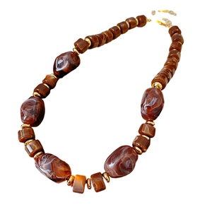 Vintage brown marble resin beaded necklace with golden spacers and water drop pendant