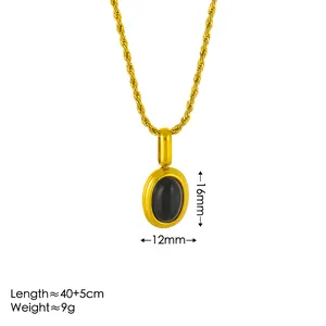 Collier rétro en acier inoxydable avec pendentif agate noire ovale et chaîne corde dorée