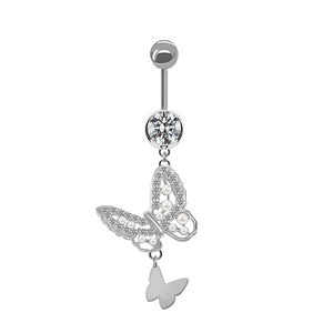 Detail of silver belly ring featuring a double butterfly pendant with rhinestones and pearls