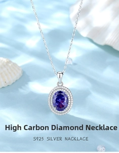 Macro detail of S925 silver necklace with oval purple carbon diamond and double halo