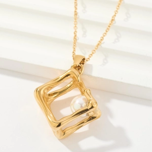 Minimalist gold stainless steel chain necklace with square hollow pearl pendant